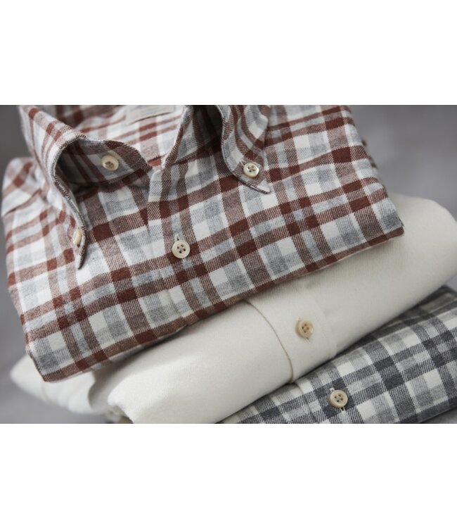 Stenstroms Flanellen Overhemd, Lange Mouw, Grijs, Ecru, Steenrood  Geruit, New Slimline Fit