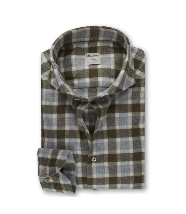Stenstroms Flanellen Overhemd, Lange Mouw, Grijs, Ecru, Groen Geruit, New Slimline Fit