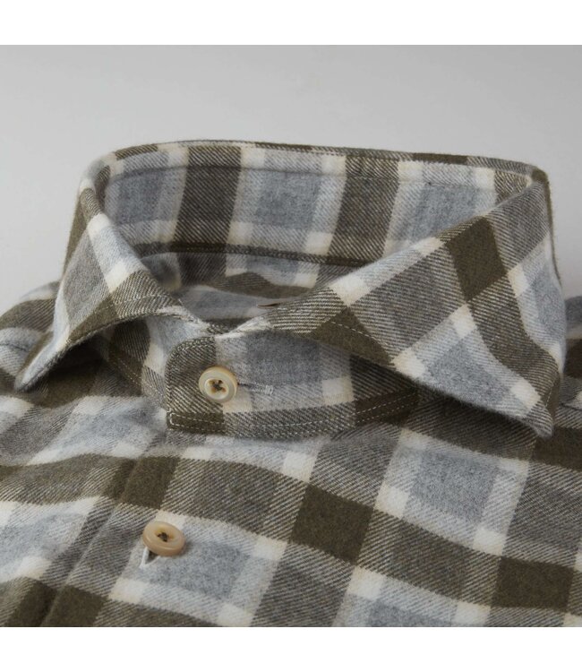 Stenstroms Flanellen Overhemd, Lange Mouw, Grijs, Ecru, Groen Geruit, New Slimline Fit
