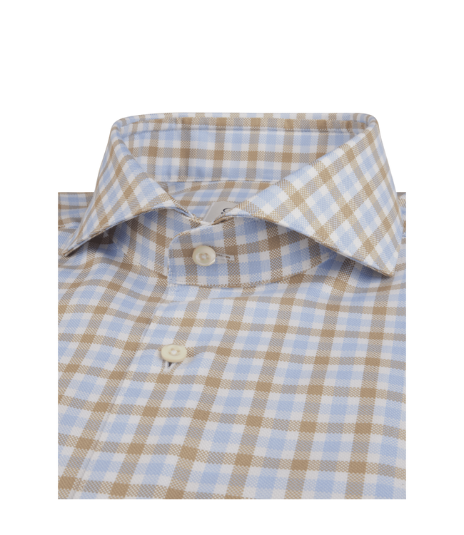 Stenstroms Overhemd, Lange Mouw, Katoen Beige, Wit, Lichtblauw Geruit, New Slimline