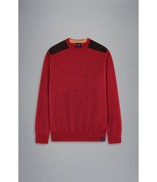 Paul & Shark Paul & Shark, Trui, Merino Wol, Ronde Hals, Rood met Bruin Suede Accenten