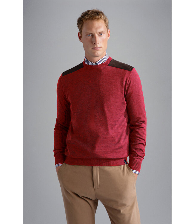 Paul & Shark Trui, Merino Wol, Ronde Hals, Rood met Bruin Suede Accenten
