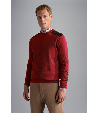 Paul & Shark Paul & Shark, Trui, Merino Wol, Ronde Hals, Rood met Bruin Suede Accenten