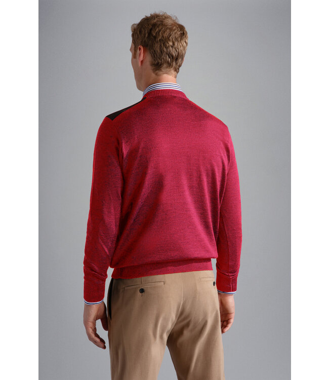 Paul & Shark Trui, Merino Wol, Ronde Hals, Rood met Bruin Suede Accenten