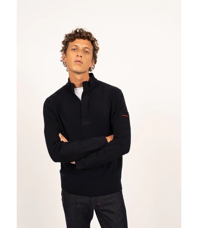 Saint James Half-Zip Trui, Model Loup de Mer II, Donkerblauw met Rode Accenten