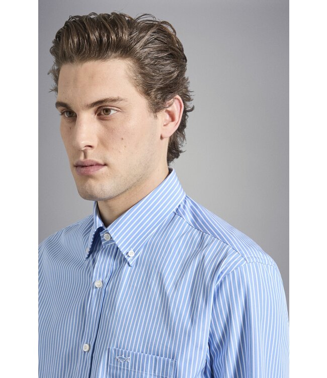 Paul & Shark Overhemd, Lichtblauw Wit Gestreept,  Easy Care