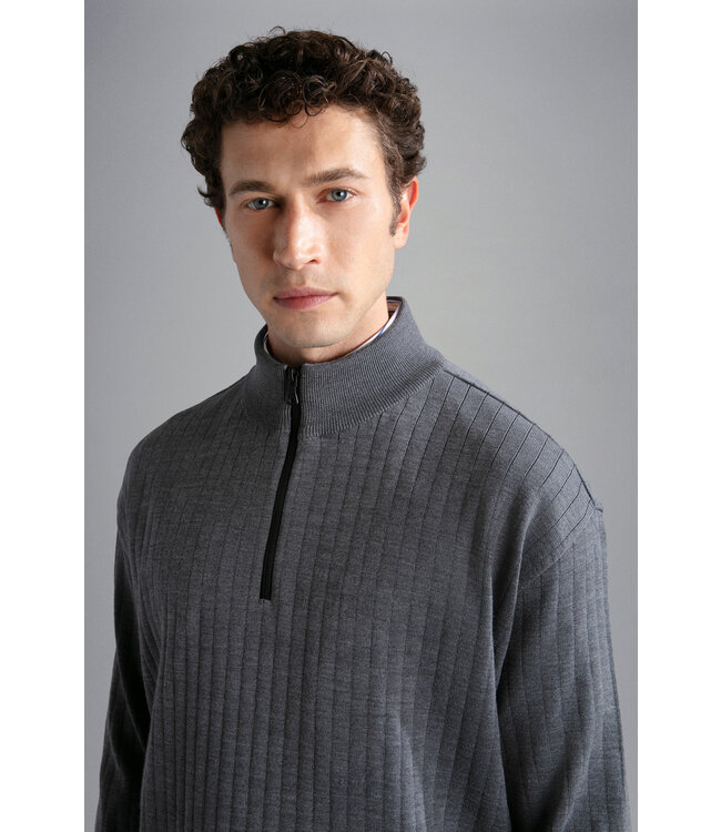 Paul & Shark Half-Zip Trui, Tasmanian S120 Wol, Grijs