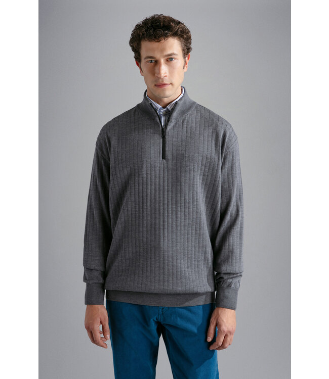 Paul & Shark Half-Zip Trui, Tasmanian S120 Wol, Grijs
