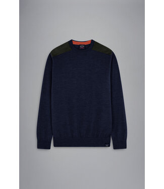 Paul & Shark Paul & Shark, Trui, Merino Wol, Ronde Hals, Donkerblauw met Bruin Suede Accenten