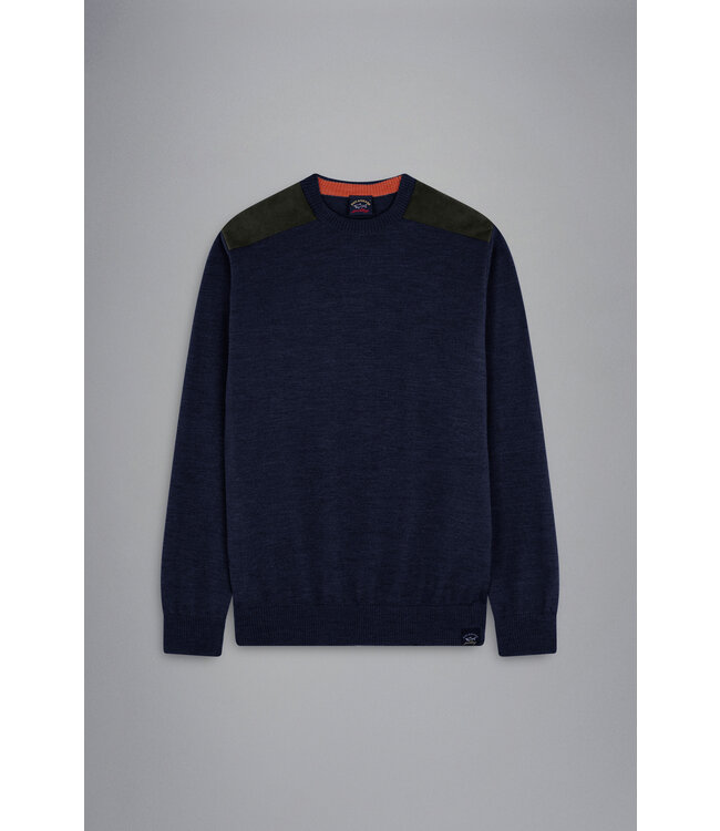 Paul & Shark Trui, Merino Wol, Ronde Hals, Donkerblauw met Bruin Suede Accenten