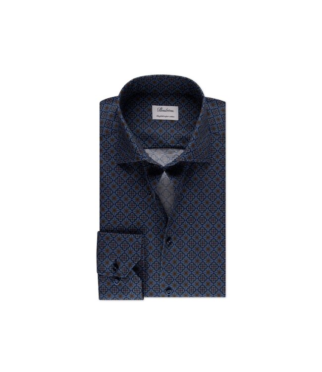 Stenstroms Overhemd, Twofold Katoen, Lange Mouw, Blauw Groene Print, New Slimline