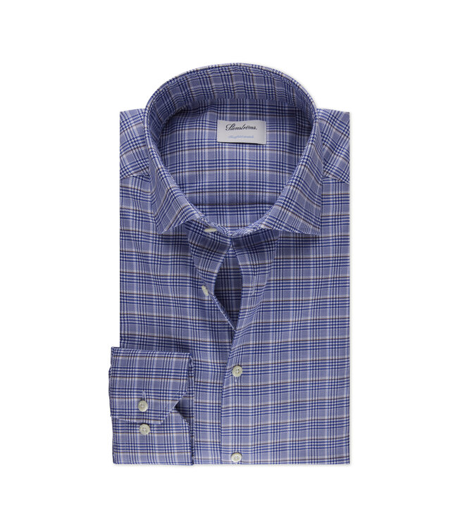 Stenstroms Twofold Katoenen Overhemd, Lange Mouw,  Blauw/Bruin American Check,  Fitted Body