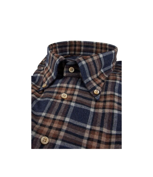 Stenstroms Overhemd, Flanel, Lange Mouw, Button Down Kraag, Blauw, Bruin, Beige Geruit, Slimline