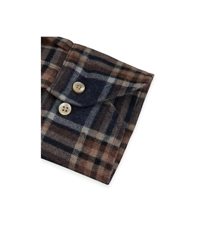 Stenstroms Overhemd, Flanel, Lange Mouw, Button Down Kraag, Blauw, Bruin, Beige Geruit, Slimline