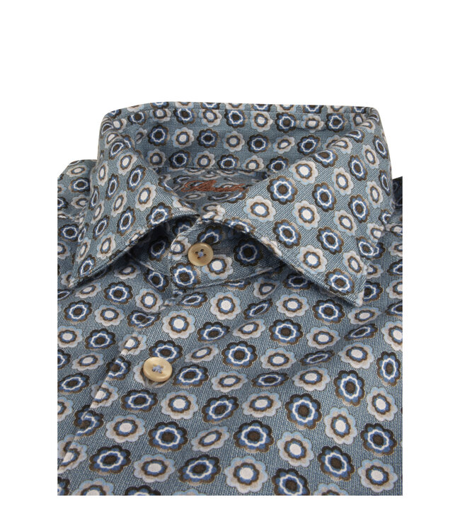 Stenstroms Overhemd, Katoen, Diverse Tinten Blauw Met Bruin Patroon, Lange Mouw, Fitted Body