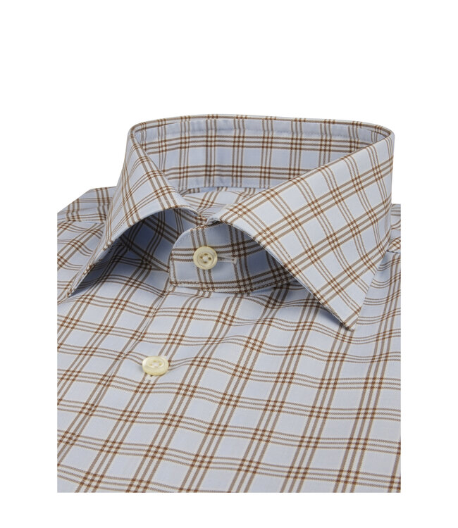 Stenstroms Overhemd, Twofold Katoen, Lange Mouw,  Lichtblauw  Bruin Geruit,  Slimline