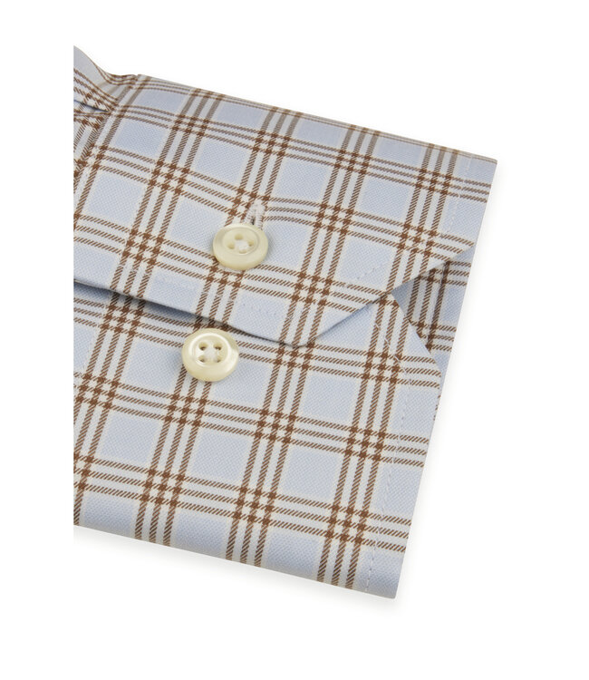 Stenstroms Overhemd, Twofold Katoen, Lange Mouw,  Lichtblauw  Bruin Geruit,  Slimline