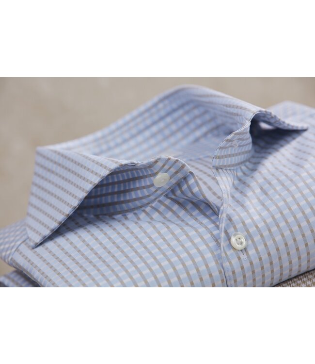 Stenstroms Overhemd,  Katoen, Lange Mouw, Lichtblauw Beige, Geruit, New Slimline