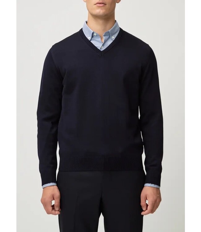 Maerz Munchen Trui, V-Hals, Merino Wol, Donkerblauw, Superwash, Modern Fit