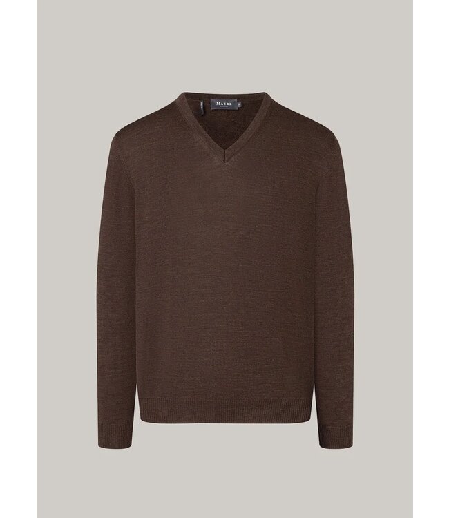 Maerz Munchen Trui, V-Hals, Merino Wol, Bruin, Modern Fit