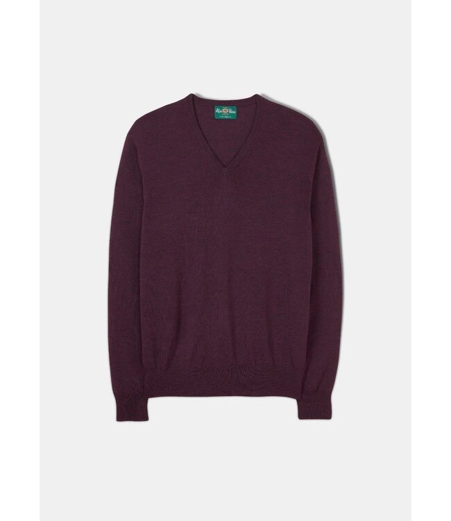 Alan Paine Trui, V-Hals, Merino Wol,  Aubergine
