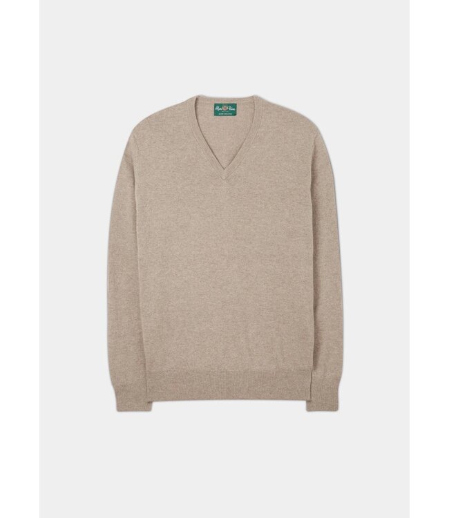 Alan Paine Trui, V-Hals, Geelong Lamswol, Model Albury, Beige