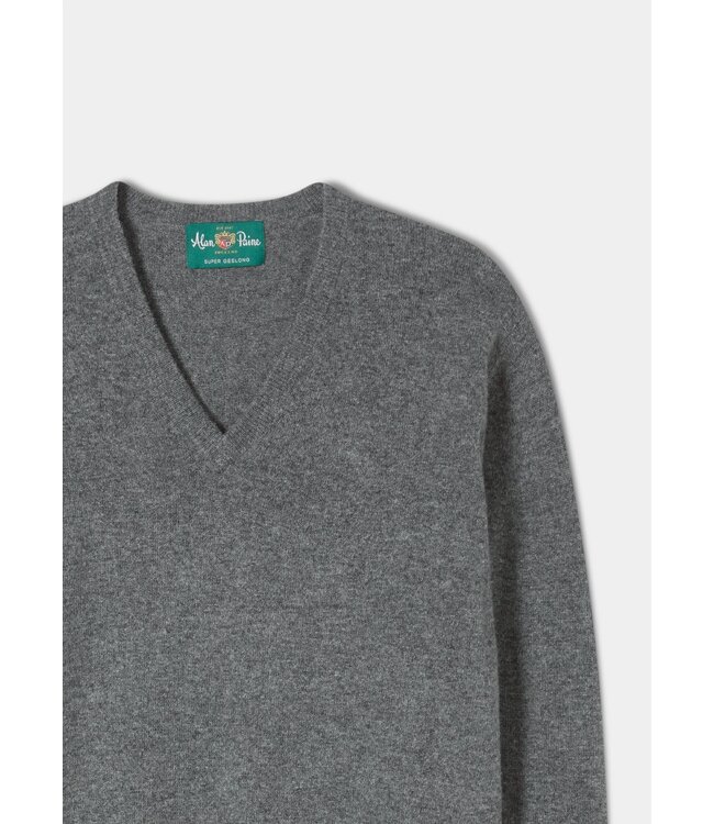 Alan Paine Trui, V-Hals, Geelong Lamswol, Model Albury, Grijs Gemeleerd