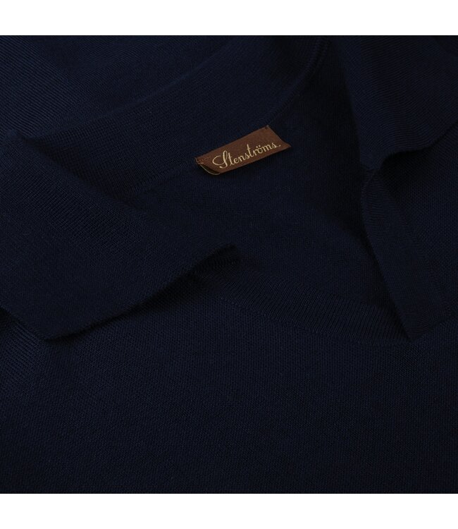 Stenstroms Polo, Merino Wol, Lange Mouw, Knooploze Kraag,  Donkerblauw