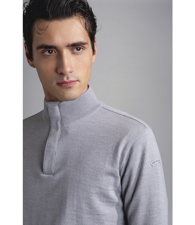 Paul & Shark Trui, Half-Zip, Merino Wol met Alcantara Details, Lichtgrijs