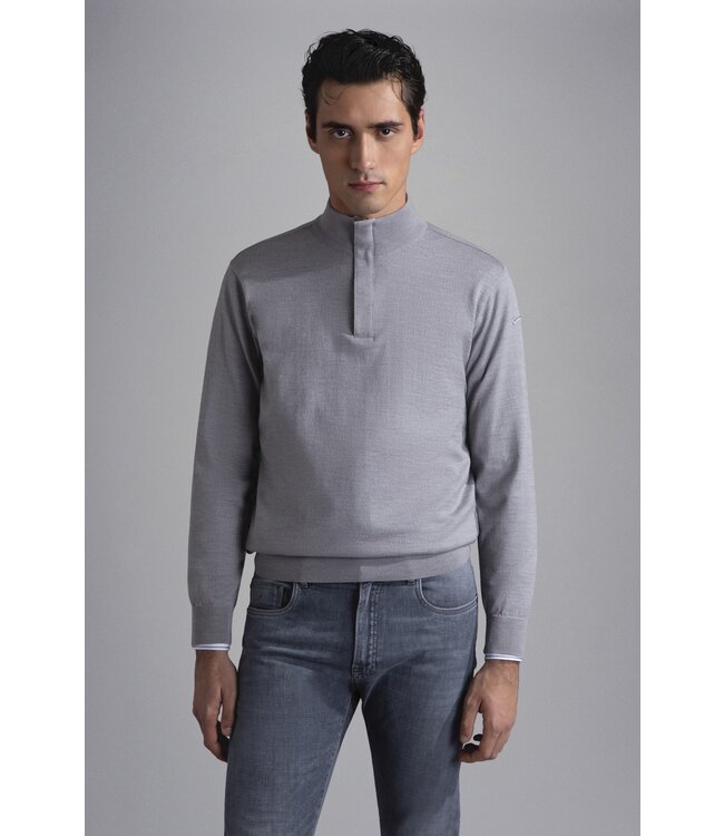 Paul & Shark Trui, Half-Zip, Merino Wol met Alcantara Details, Lichtgrijs
