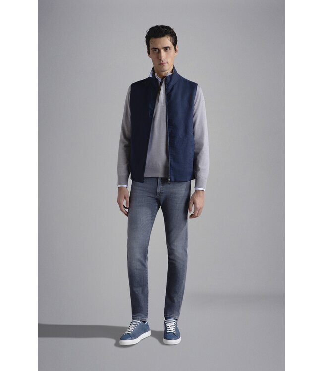 Paul & Shark Trui, Half-Zip, Merino Wol met Alcantara Details, Lichtgrijs