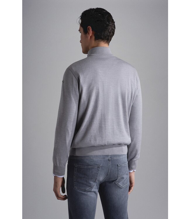 Paul & Shark Trui, Half-Zip, Merino Wol met Alcantara Details, Lichtgrijs