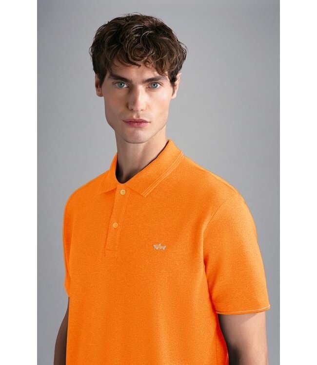 Paul & Shark Polo, Korte Mouw, Piqué Katoen, Shark Logo, Oranje Gemeleerd