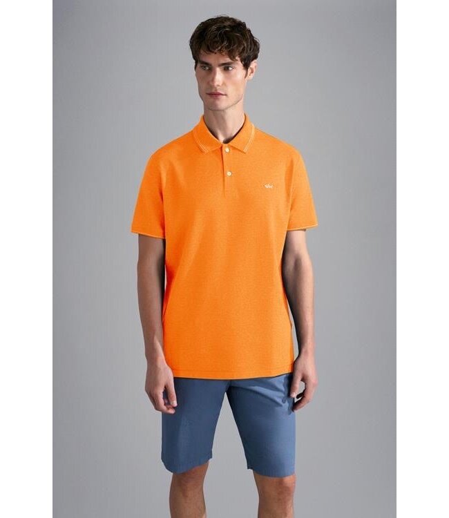 Paul & Shark Polo, Korte Mouw, Piqué Katoen, Shark Logo, Oranje Gemeleerd