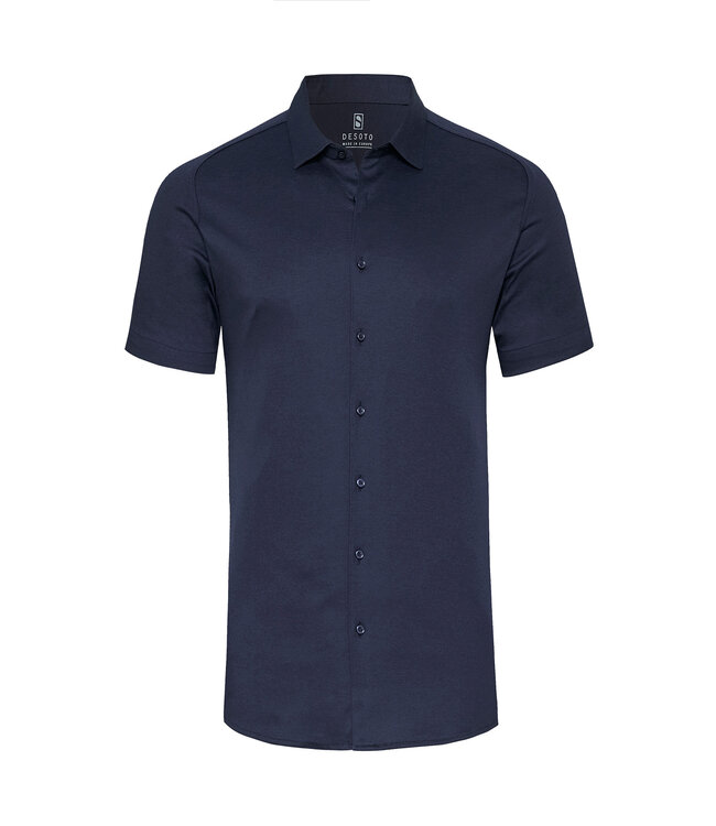 Desoto Jersey Overhemd/Shirt, Korte Mouw, Kent Kraag, Donkerblauw Piqué