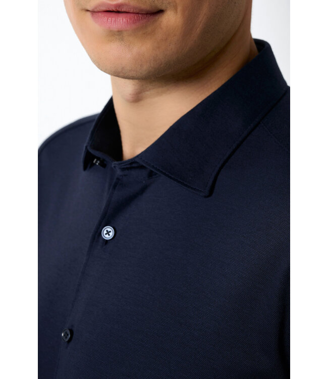 Desoto Jersey Overhemd/Shirt, Korte Mouw, Kent Kraag, Donkerblauw Piqué