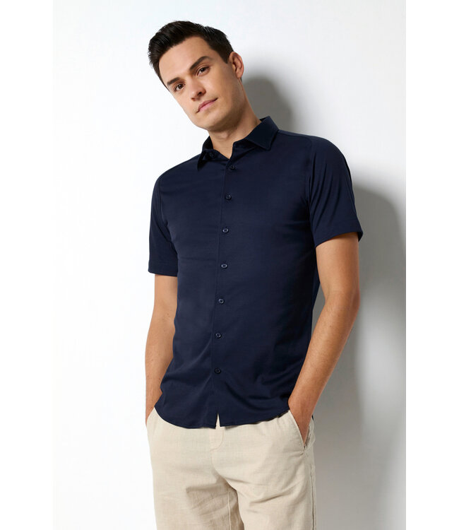 Desoto Jersey Overhemd/Shirt, Korte Mouw, Kent Kraag, Donkerblauw Piqué