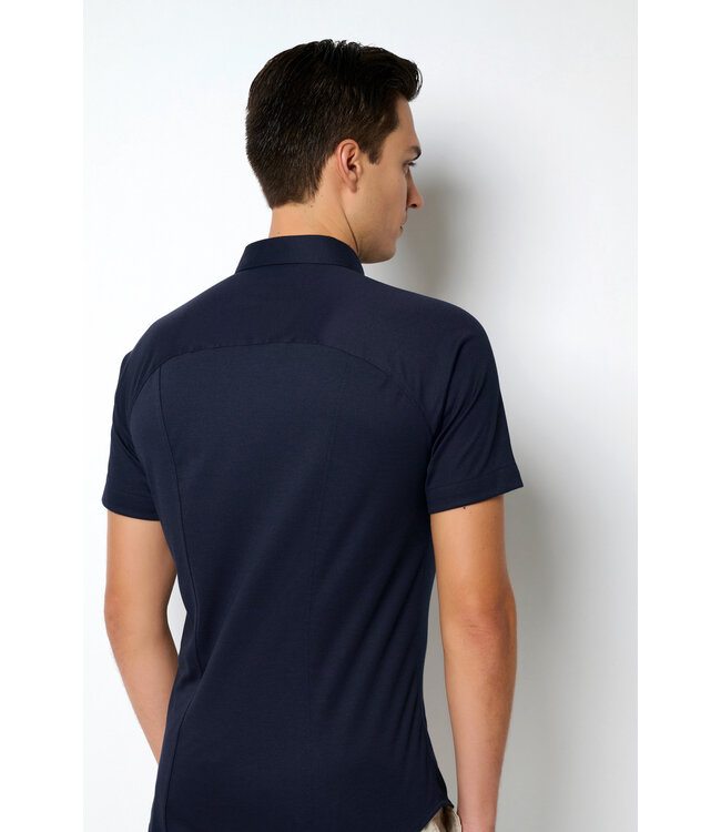 Desoto Jersey Overhemd/Shirt, Korte Mouw, Kent Kraag, Donkerblauw Piqué