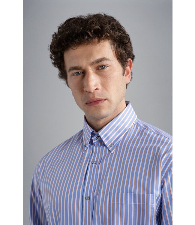 Paul & Shark Overhemd, Wit, Blauw, Oranje Gestreept