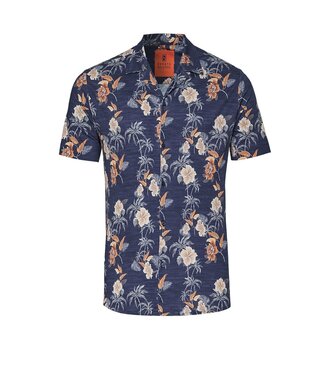 Desoto Desoto, Jersey Overhemd/Shirt, Korte Mouw, Lido Kraag, Denim Bloem Print