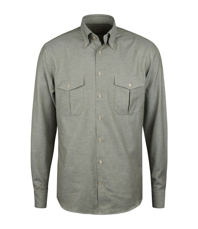 Stenstroms Overhemd, Twill Katoen, Lange Mouw, Twee Borstzakken, Slimline, Groen Gemeleerd