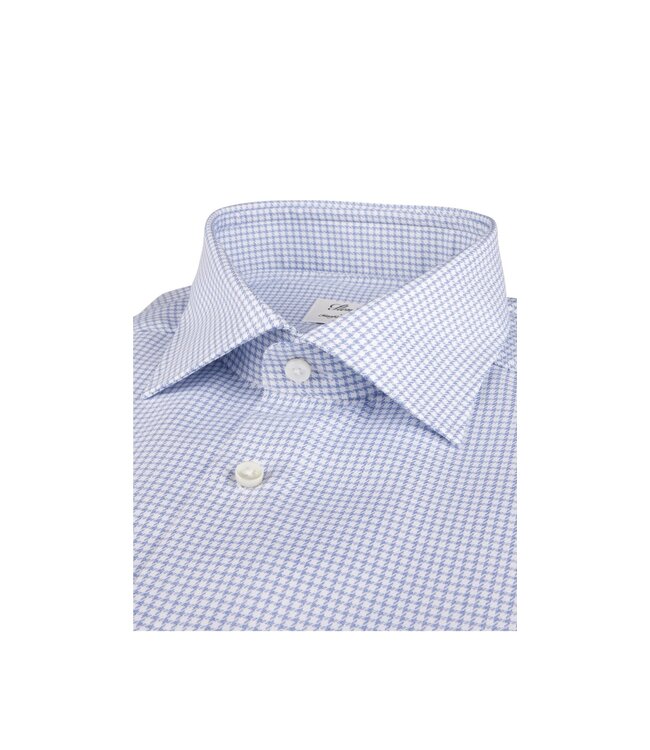 Stenstroms Overhemd, Lange Mouw, Twofold Katoen, Lichtblauw Micro Ruit, Fitted Body