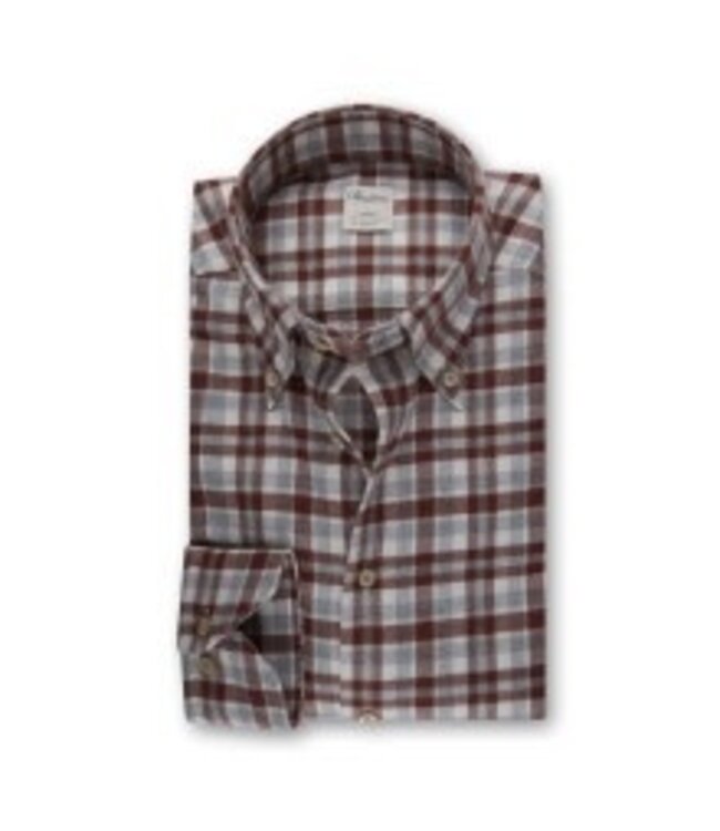 Stenstroms Overhemd, Flanel, Lange Mouw, Grijs, Ecru, Steenrood  Geruit, Fitted Body