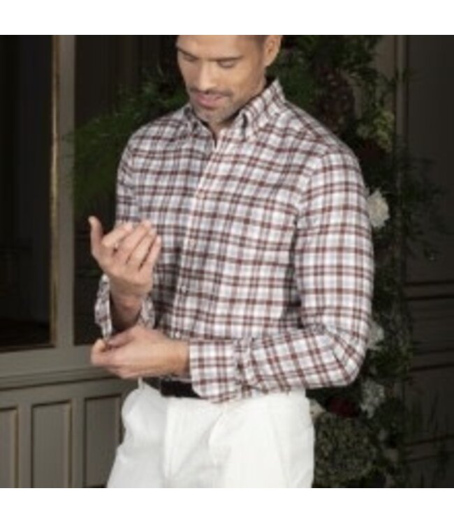 Stenstroms Overhemd, Flanel, Lange Mouw, Grijs, Ecru, Steenrood  Geruit, Fitted Body