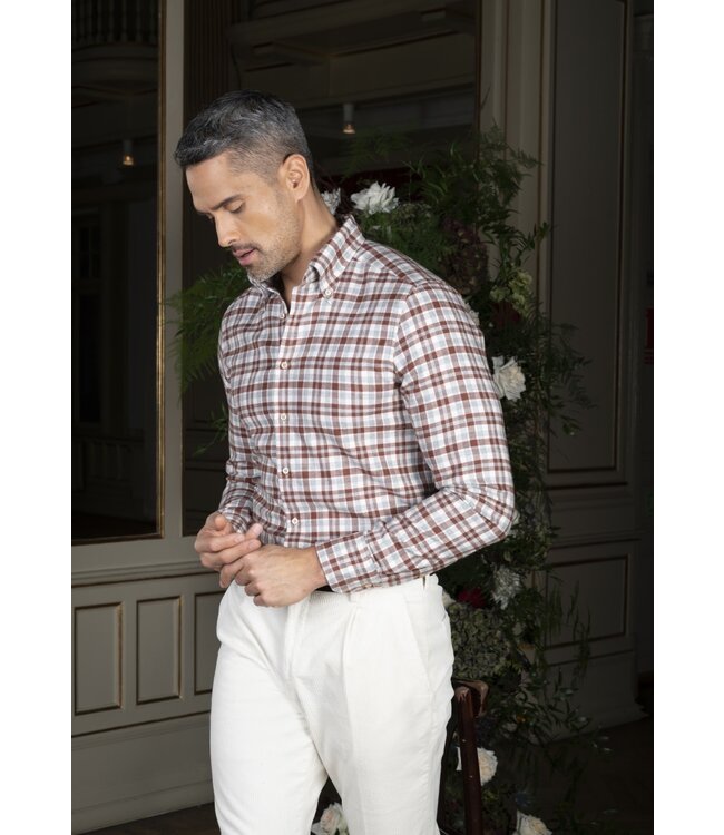 Stenstroms Overhemd, Flanel, Lange Mouw, Grijs, Ecru, Steenrood  Geruit, Fitted Body