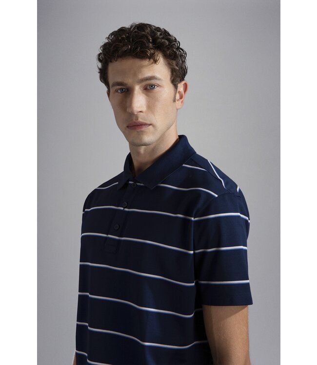 Paul & Shark Polo, Korte Mouw, Katoen Pique, Shark Logo, Donkerblauw, Beige, Cobaltblauw Gestreept