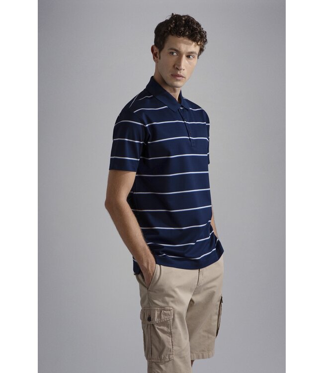 Paul & Shark Polo, Korte Mouw, Katoen Pique, Shark Logo, Donkerblauw, Beige, Cobaltblauw Gestreept