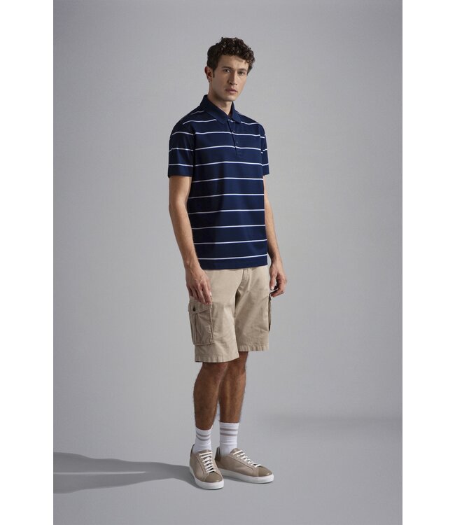 Paul & Shark Polo, Korte Mouw, Katoen Pique, Shark Logo, Donkerblauw, Beige, Cobaltblauw Gestreept