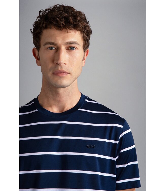 Paul & Shark T-Shirt, Gemerceriseerd Katoen, Donkerblauw Wit Gestreept