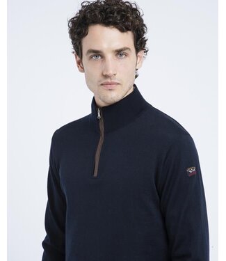 Paul & Shark Paul & Shark, Half-Zip Trui, Wol, Donkerblauw met Bruin Suede Accenten